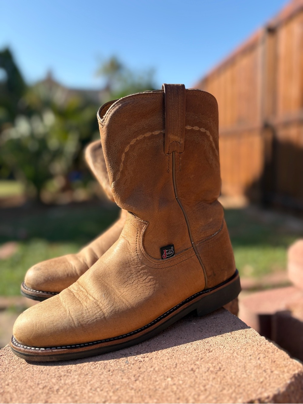 Men's Tan Leather Work Boots - Classic Pull-On Style